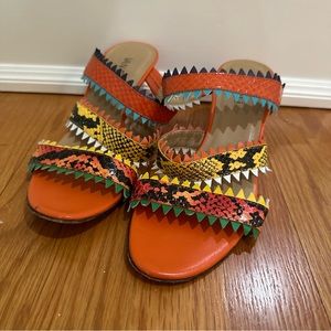 VANELi Orange Strappy Heeled Leather Sandals with Snake Skin Detail — Size 8.5